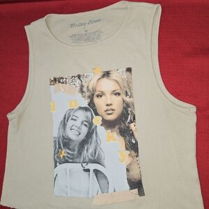 Britney Spears Lucky Ribbed Graphic Tank Top in Tan Women’s Sz XL READ‎